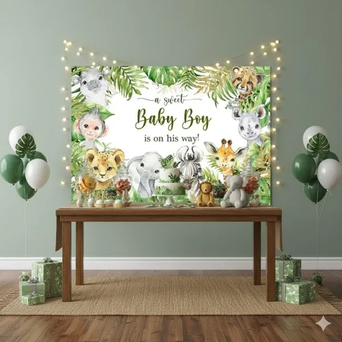 Vista 5 de Telón de fondo de 7 x 5 pies con diseño de animales de safari de la selva para baby shower, baby shower, para bebé, niño está en camino, es un niño