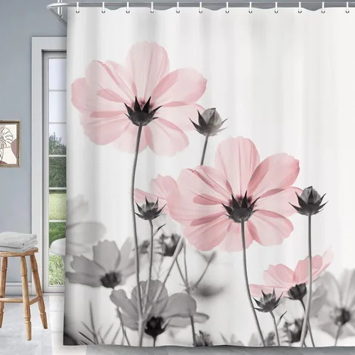 Vista 35 de MERCHR Cortina única floral azul para decoración de baño, cortina de ducha estilo granja con flores de margarita azul y gris elegantes y diseño