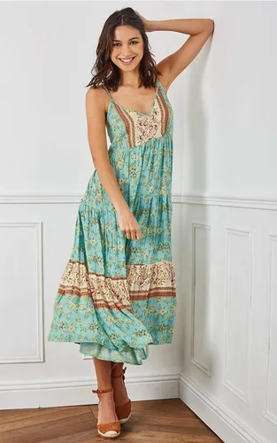 Vista 2 de Angashion - Vestido largo, diseño floral, ajustable con tirantes delgados, cuello en V, bohemio, para verano, playa, étnico y holgado, para mujer