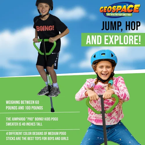 Vista 3 de Geospace Jumparoo Boing! Palo Pogo mediano 'PRO' para niños, soporta 60 a 100 libras, juguete al aire libre para niños y niñas, juego activo