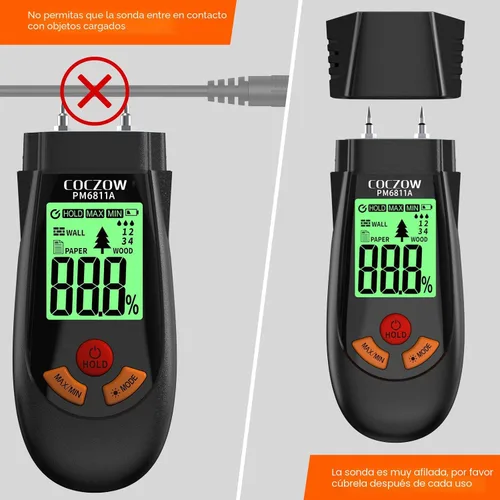 Vista 6 de Higrómetro para madera, con batería y pantalla LCD, adecuado para la determinación rápida del contenido de humedad de muchos tipos de troncos