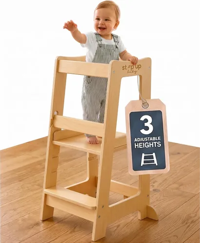 Vista 10 de Taburete de madera ajustable de 3 niveles para niños pequeños, color gris
