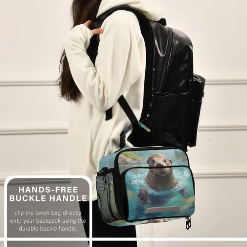 Vista 6 de Linda lonchera infantil con diseño de nutria, con aislamiento, reutilizable, con correa para el hombro, para niños y niñas