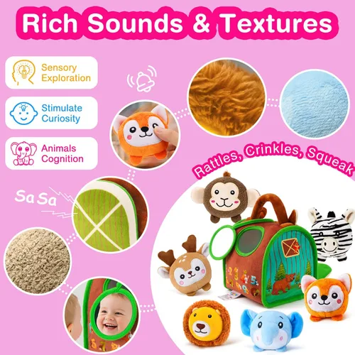Vista 4 de Montessori - Juguetes sensoriales para bebés de 6 a 12 meses y niños pequeños de 1 a 3 años, juego educativo de animales de peluche con sonajero