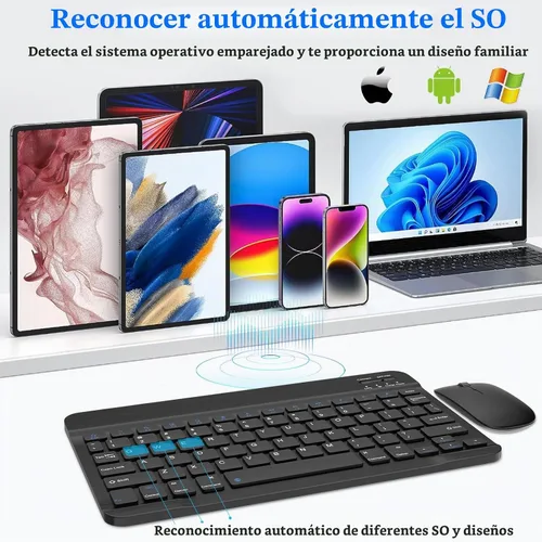 Vista 2 de Combo de teclado y mouse Bluetooth, diseño QWERTY, teclado inalámbrico ultradelgado de 10 pulgadas, sin retrasos, teclado silencioso compatible