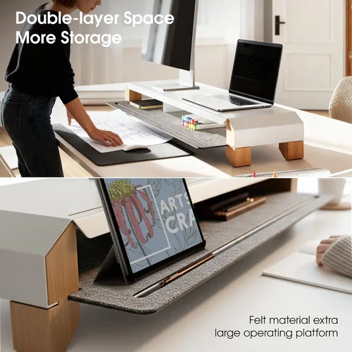 Vista 3 de Fenge Soporte de monitor para escritorio, elevador de monitor doble de 39 pulgadas para 2 monitores, estante de escritorio de madera maciza