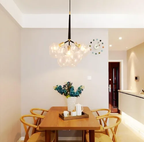 Vista 2 de Lámpara de techo moderna de 3 luces con 9 burbujas de cristal, lámpara colgante para escaleras, sala de estar, vestíbulo, entrada, sala de reuniones