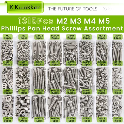 Vista 3 de Juego de 1315 piezas de tornillos de cabeza Phillips M2 M3 M4 M5, kit de 25 tamaños de pernos y tuercas, juego de tornillos de ajuste de acero