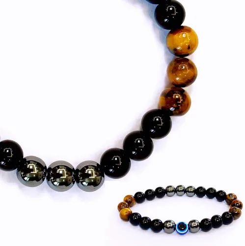 Vista 85 de Pulseras de triple protección con piedra de ojo de tigre de obsidiana negra con hematita para hombres y mujeres, pulsera de piedra curativa