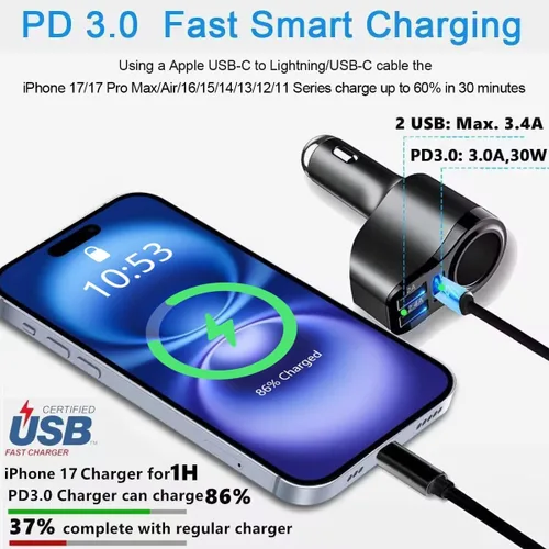 Vista 2 de 4 en 1 cargador del coche del USB C, adaptador multi del encendedor del PD3.0
