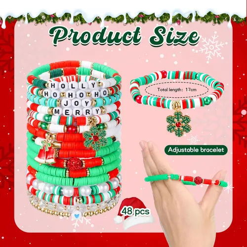 Vista 2 de Juego de 48 pulseras de Navidad apilables Heishi Surfer pulseras de Navidad con cuentas, pulseras de Navidad a granel para mujer, pulsera elástica