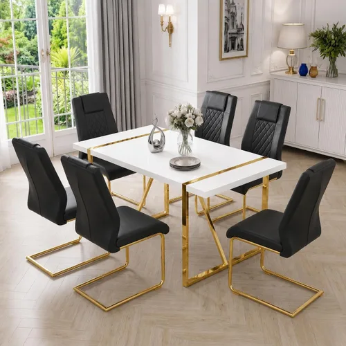 Vista 12 de Juego de mesa de comedor moderna de 55 pulgadas para 4, mesa de comedor negra y marco de metal dorado, mesa de comedor rectangular con 4 sillas