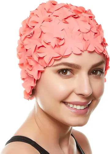 Vista 15 de BeeMo Gorro de Natación de Látex para Mujeres - Gorro de Natación de Goma - Suave Cómodo Elástico Elegante Diseño de Corte Bajo Protege el Cabello