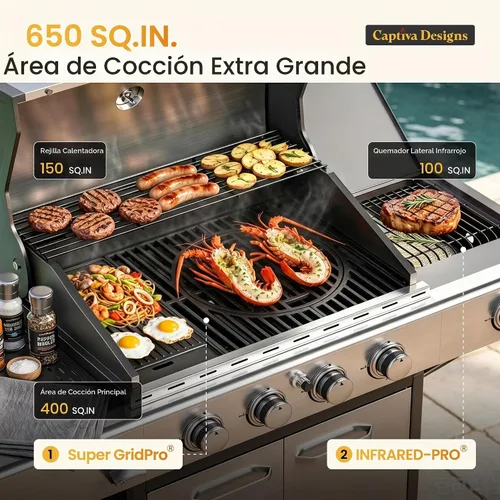 Vista 2 de Captiva Designs 4 Burner Propane Gas BBQ Grills with Infrared Sear Burner Silver