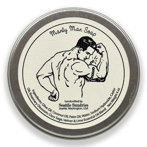 Vista 2 de Seattle Sundries Barra de jabón Manly Manly Man, 1 jabón natural hecho a mano para hombre en una lata de regalo de bajo desperdicio, aroma masculino