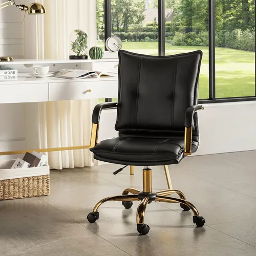 Vista 9 de HULALA HOME Silla de escritorio de piel sintética para oficina en casa, silla giratoria ajustable para computadora con patas y brazos dorados, silla