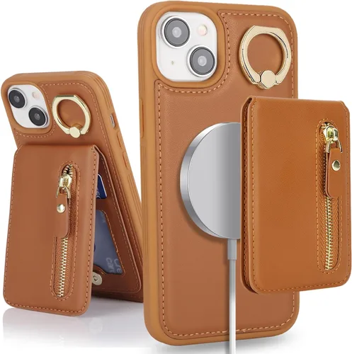 Vista 24 de para iPhone 14 Funda con soporte magnético Magsafe compatible, llavero de cuero PU plegable con soporte desmontable, funda tipo cartera 2-en-1