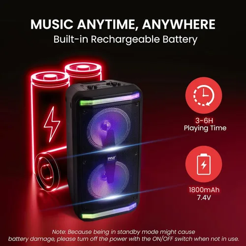 Vista 5 de Pyle Altavoz Bluetooth y sistema de megafonía – Sistema de karaoke estéreo portátil con micrófono con cable, luces LED integradas, lectores