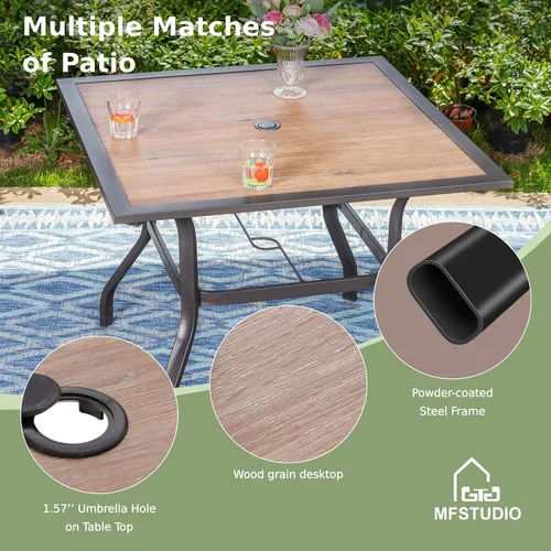 Vista 4 de MFSTUDIO Juego de comedor de 5 piezas de metal para patio, juego de muebles para exteriores con 1 mesa cuadrada de madera y 6 sillas de respaldo