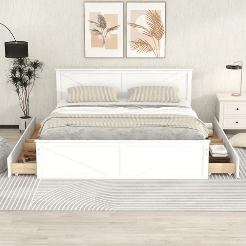 Vista 11 de Anwick Cama de plataforma de madera con 4 cajones de almacenamiento, base de cama de plataforma de madera maciza con cabecera y patas de apoyo