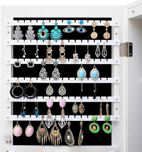 Vista 4 de MIYACA Organizador de 6 luces LED con espejo de joyería, armario de joyería con cerradura montado en la pared, con espejo de tocador de longitud