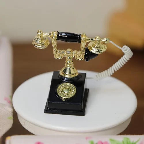 Vista 3 de Teléfono de casa de muñecas 1:12 en miniatura, modelo de teléfono giratorio, decoración de escritorio, accesorios retro para casa artificial sala