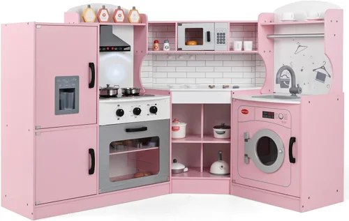 Vista 11 de Costzon Juego de cocina esquinera para niños, cocina de madera con sonidos y luces, lavadora, máquina de hielo, microondas, horno, fregadero