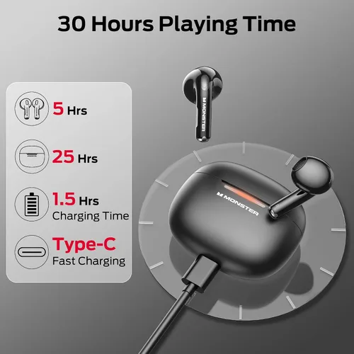 Vista 4 de Monster N-Lite 208 - Auriculares inalámbricos Bluetooth 5.4 con micrófono integrado, control táctil, auriculares Bluetooth con tiempo