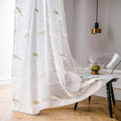 Vista 21 de Cortinas traslúcidas blancas de 63 pulgadas de largo, paneles de gasa bordada con hojas para cocina, sala de estar, dormitorio, ventanas pequeñas
