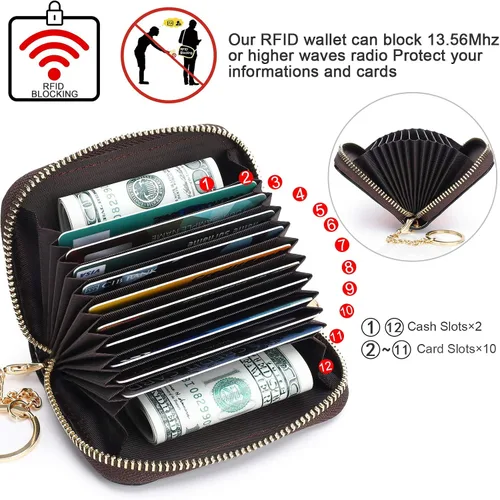 Vista 3 de APHISON - Tarjetero con protección RFID, carteras , funda para tarjetas de cuero con cremallera para mujerniñacaja regalo
