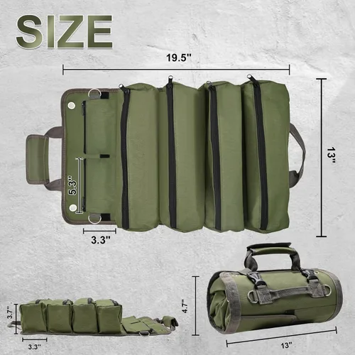 Vista 6 de Bolsa de herramientas enrollable, bolsa enrollable de herramientas resistente, con 4 bolsillos y 2 bolsas desmontables, bolsa enrollable para papá