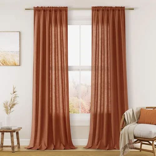 Vista 91 de Cortinas de lino verde aguamarina de 84 pulgadas de largo, juego de 2 paneles semitransparentes con bolsillo para barra para comedor, decoración