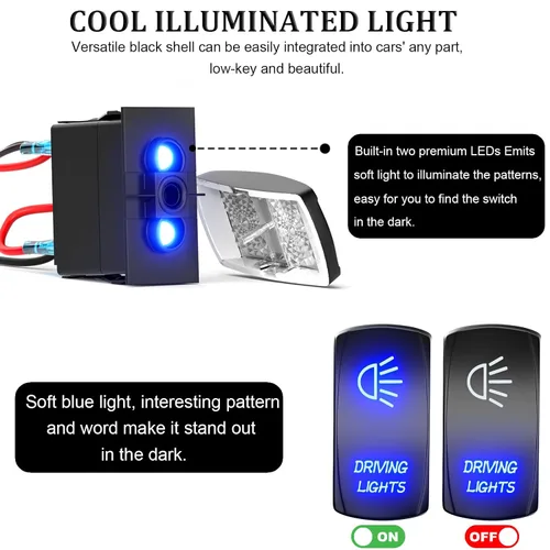 Vista 2 de Interruptor basculante de luces de conducción, SPST interruptor de palanca grabado con láser de 5 pines con LED azul y cables de puente, 12 V/24 V