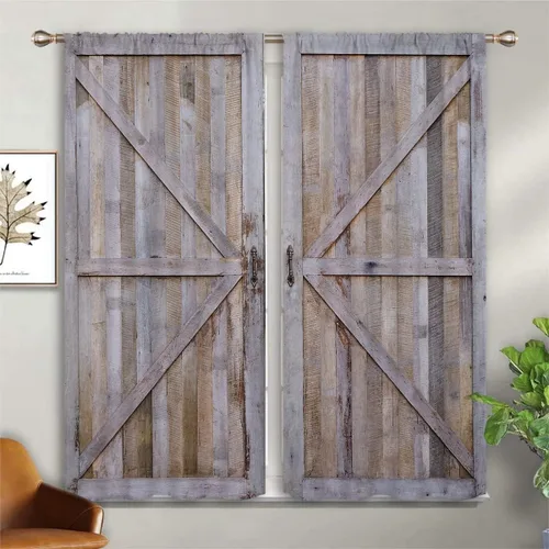 Vista 2 de Cortinas opacas rústicas antiguas para puerta de granja para niños y niñas, decoración de oscurecimiento de habitación, puerta de granero de madera