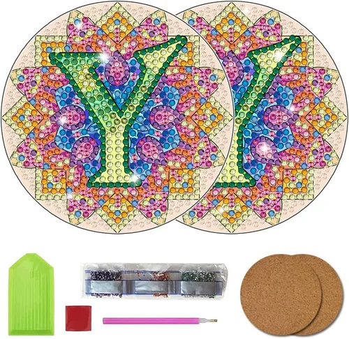 Vista 27 de Bysincy Juego de 2 posavasos de pintura de diamantes de 26 letras A-Z, 5D, arte de diamante, mosaico, alfabeto, kit por número para adultos y niños