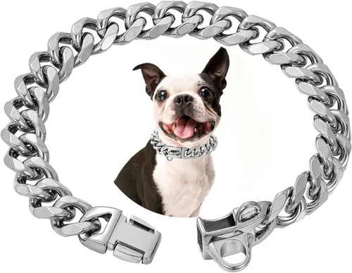 Vista 7 de Collar de perro de acero inoxidable chapado en oro de 18 quilates con cierre de seguridad de 15 mm de eslabones cubanos resistentes para perros