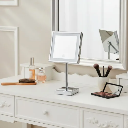 Vista 3 de JERDON Espejo de maquillaje de mesa iluminado con aumento 5X - Acabado cromado 8" bx 8" espejo de aumento enchufable con iluminación variable