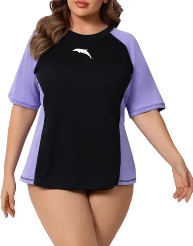 Vista 12 de Halcurt Women's Plus Size Rash Guard Swim Shirt with Built in Bra Swimsuit Todo negro