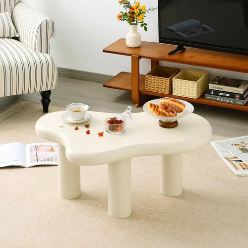 Vista 5 de Mesa de Centro Nube de 34"(L), Mesa de Centro de Madera Moderna para Sala de Estar, Mesas Centrales de Acento Únicas con 3 Patas, Mesas de Té