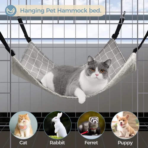 Vista 3 de ComSaf Hamaca reversible para gatos, hamaca transpirable para mascotas con correas ajustables y ganchos de metal, hamaca colgante de doble cara