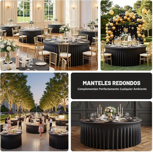 Vista 8 de Mantel redondo de 60 pulgadas en negro para mesas de 5 pies, funda de mesa ajustada de elastano con borde elástico y falda, lavable, sin arrugas