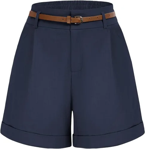 Vista 14 de Belle Poque Bermudas para mujer, cintura elástica, pantalones cortos de pierna ancha con bolsillos y cinturones Negro