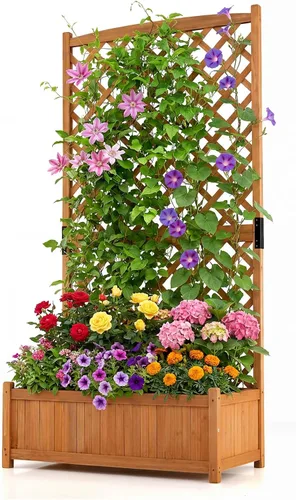 Vista 14 de HAPPYGRILL Cama de jardín elevada de 72.5 pulgadas con enrejado y jardinera