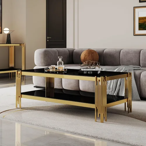 Vista 3 de Mesa de centro de cristal de lujo, mesa de centro de sofá de 47 pulgadas con marco de acero inoxidable dorado y parte superior de vidrio negro, mesa