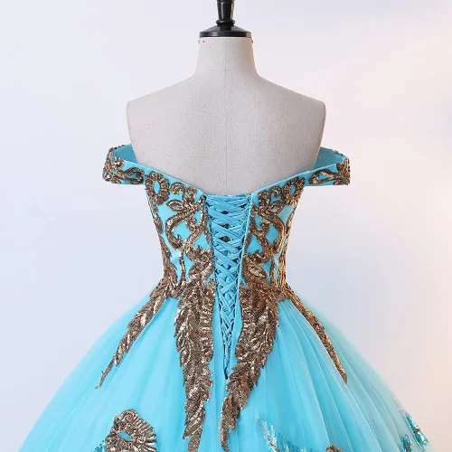 Vista 3 de NGBUY Elegante vestido de baile de tul para mujer, vestido de fiesta con hombros descubiertos, vestido de quinceañera brillante, vestido dulce 16