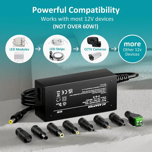 Vista 6 de Adaptador de fuente de alimentación de 12 V, 5 amperios, CA 100-240 V a CC 12 voltios 5A 3.5A 3.5A 2A 1A cable de alimentación transformador