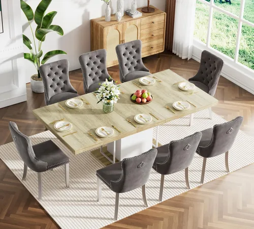 Vista 100 de Juego de mesa de comedor extensible marrón de 63 a 78.74 pulgadas para 4, juego de mesa de comedor de 5 piezas con 4 sillas, mesa de cocina