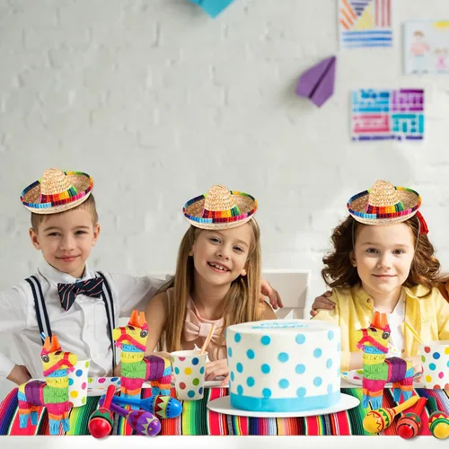 Vista 6 de Libima 26 decoraciones de fiesta mexicanas incluyen 6 burros, 12 maracas grandes para fiestas, 2 caminos de mesa de serape, 6 sombreros