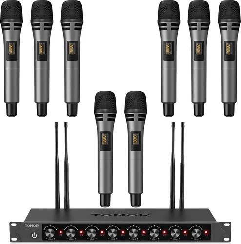 Vista 13 de TONOR Sistema de Micrófono Inalámbrico, Juego de 4 Micrófonos de Mano Inalámbricos UHF de 10 Canales con Auriculares/Micrófonos de Solapa Lavalier