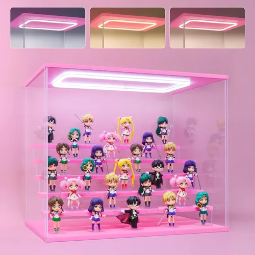 Vista 17 de Vitrina de acrílico transparente para figura de acción Pop Mart, vitrina Funko Pop a prueba de polvo con iluminación, múltiples capas para Rosa